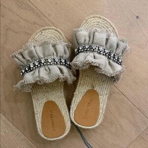 See By Chloé Beige Ruffle Espadrille Slide with Crystal Band